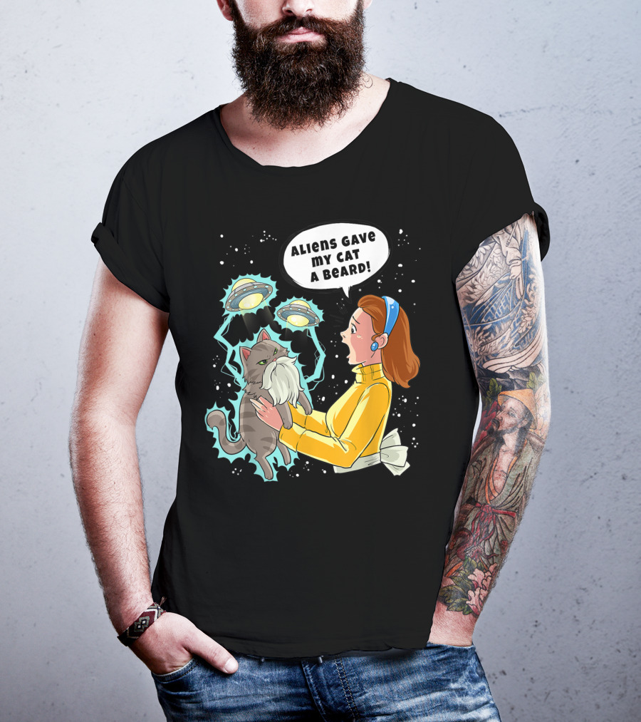 Aliens Gave My Cat A Beard UFO Encounter With Surprised Woman In Space T-Shirt