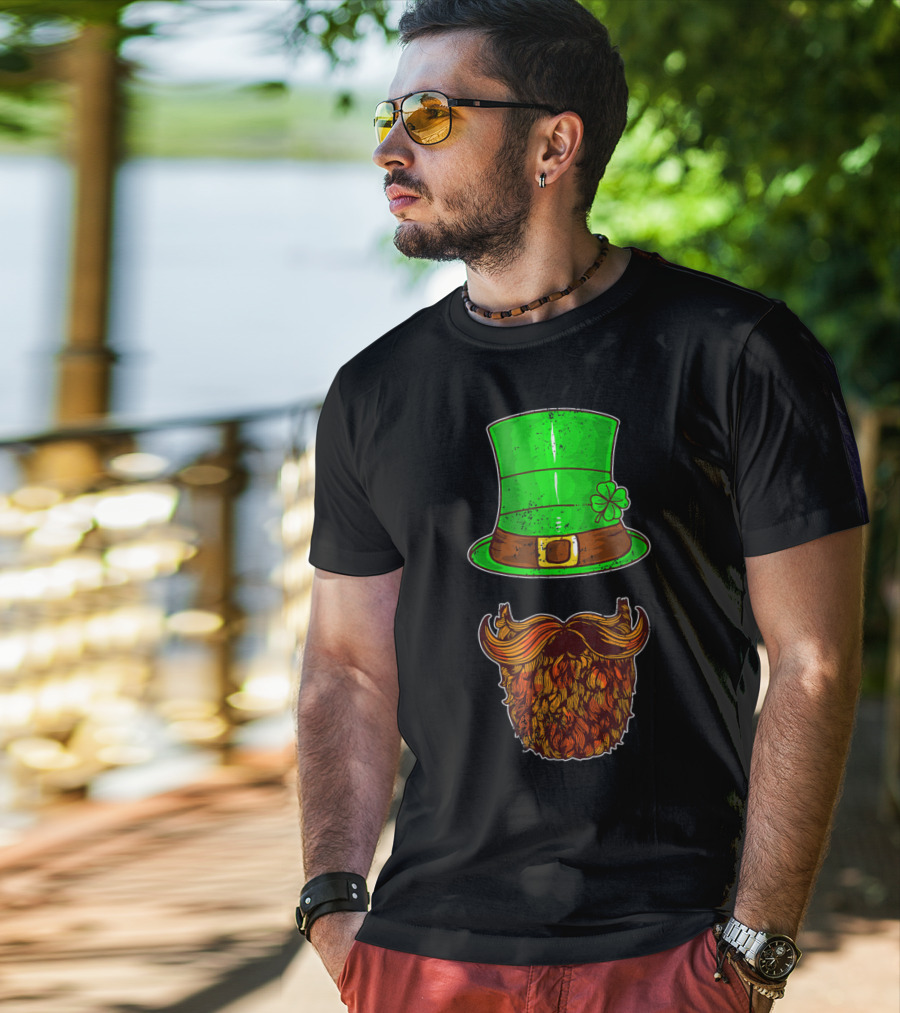 Awesomely Festive St Patrick's Day Green Irish Hat With Shamrock And Orange Beard T-Shirt