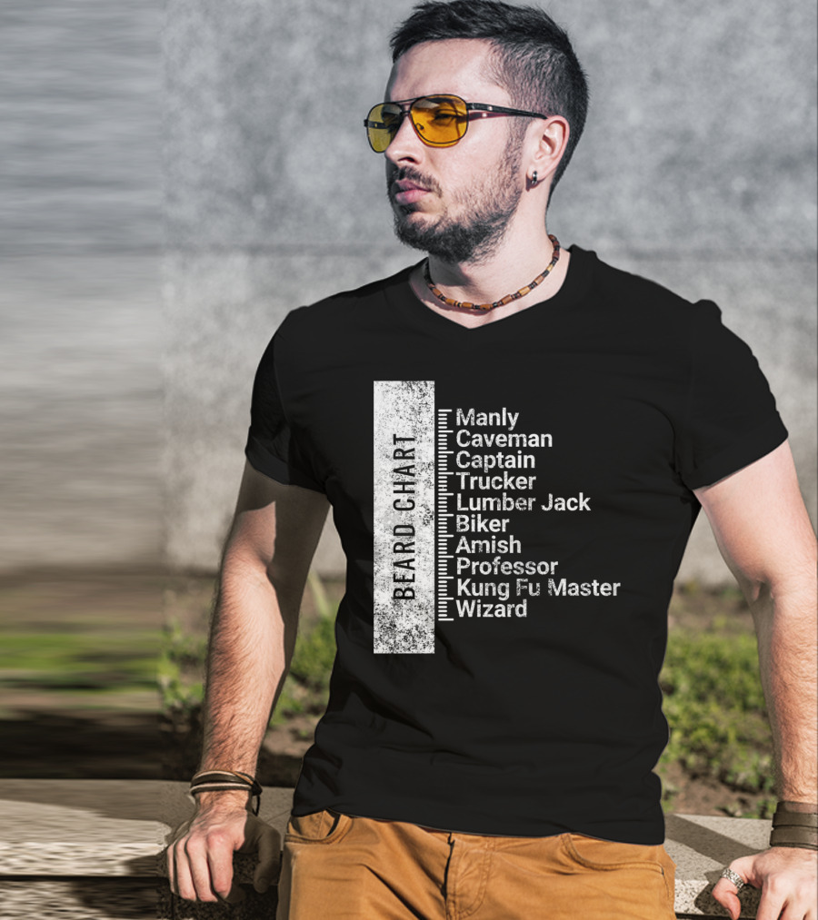 Beard Chart Manly Caveman Captain Trucker Lumberjack Biker Amish Professor Kung Fu Master Wizard T-Shirt