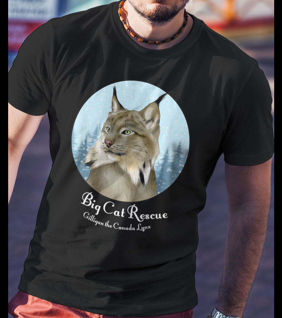 Big Cat Rescue Gilligan The Canada Lynx Snowy Forest Background T-Shirt