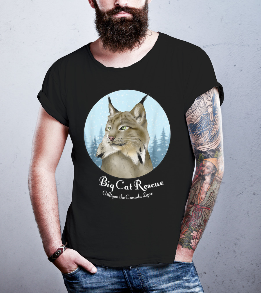 Big Cat Rescue Gilligan The Canada Lynx Snowy Forest Background T-Shirt