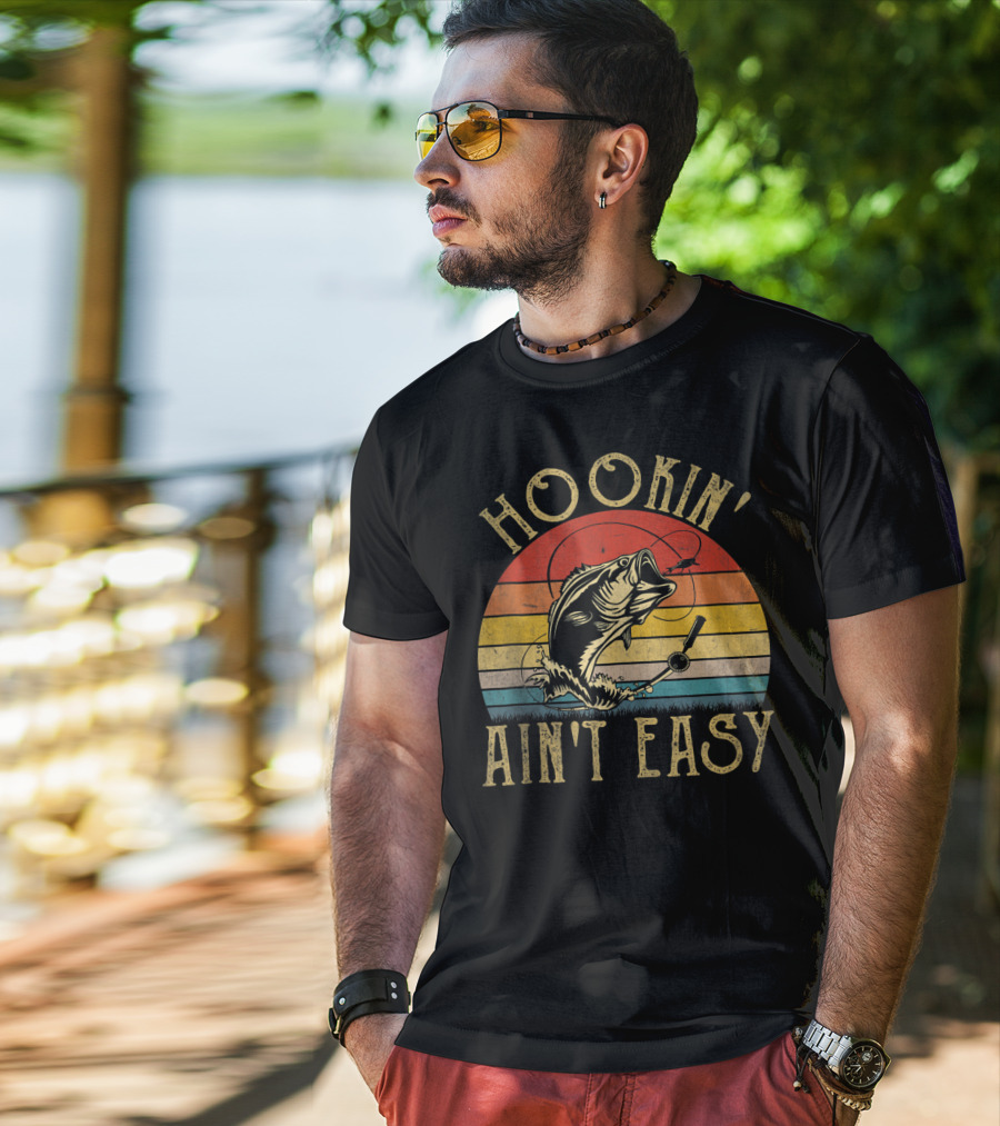 Hookin' Ain't Easy Funny Fishing Lover Retro Sunset Bass T-Shirt