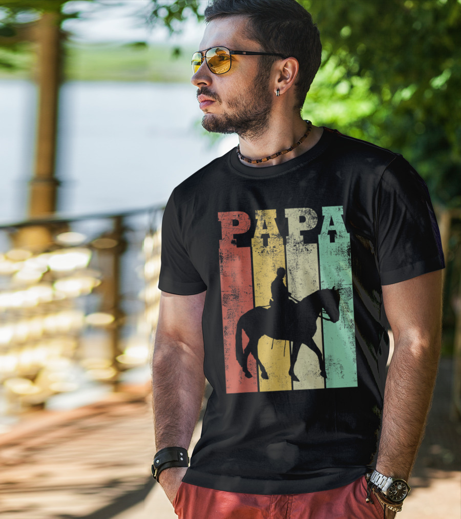 Vintage Horse Riding Papa Silhouette Retro Dad T-Shirt
