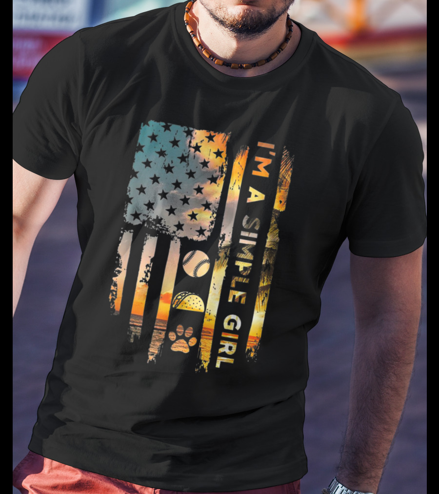 I'm A Simple Girl American Flag Softball Tacos Dogs Sunset T-Shirt