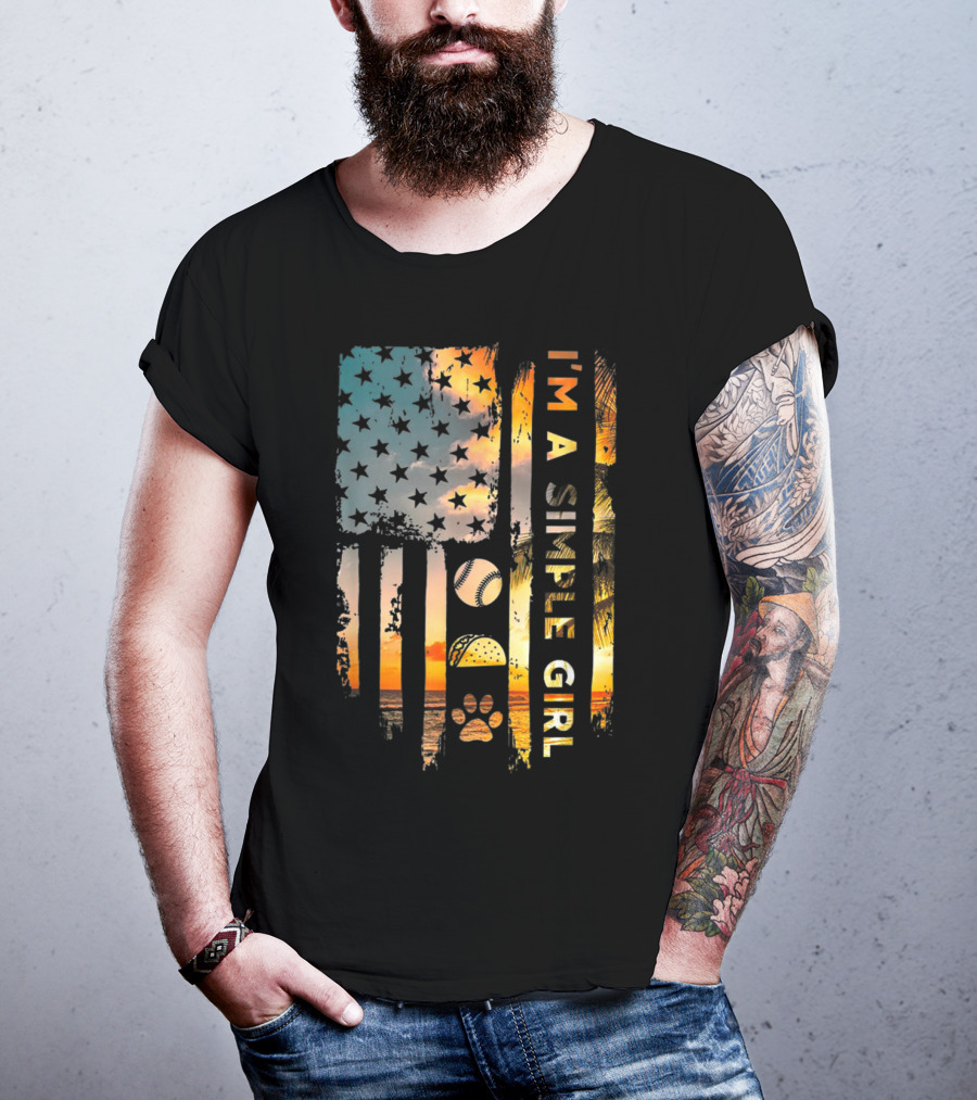 I'm A Simple Girl American Flag Softball Tacos Dogs Sunset T-Shirt