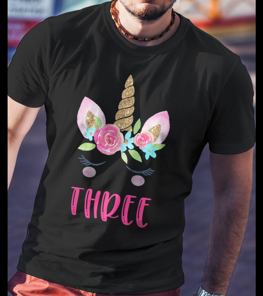 Three Unicorn Birthday Girl 3 Year Old Kids T-Shirt