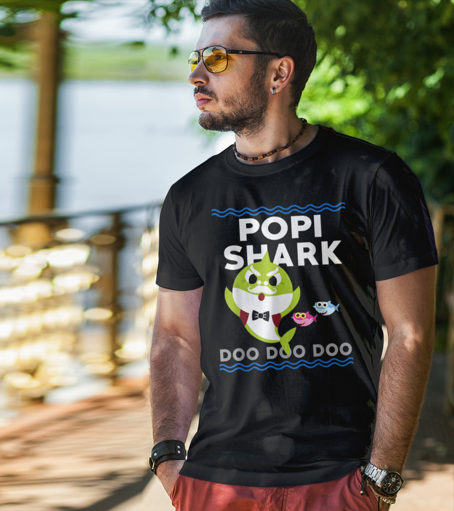 Popi Shark Doo Doo Doo Mustached Bowtie Shark With Cute Colorful Fish T-Shirt