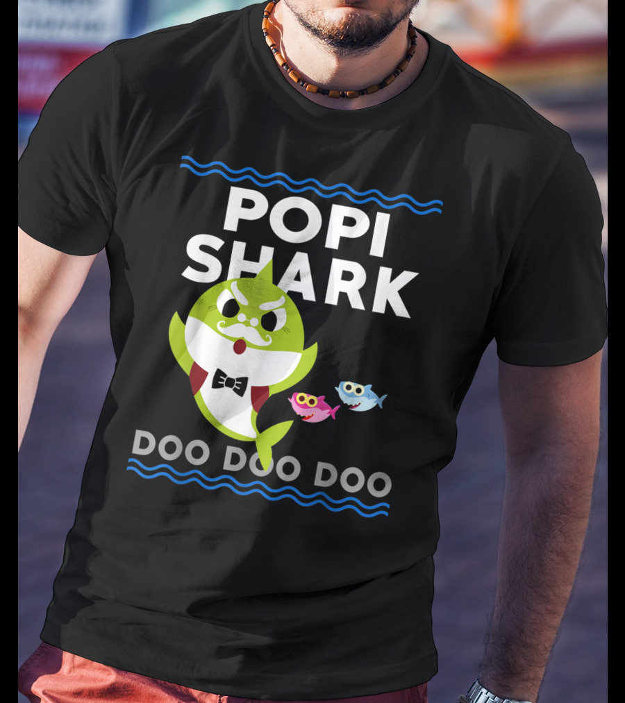 Popi Shark Doo Doo Doo Mustached Bowtie Shark With Cute Colorful Fish T-Shirt
