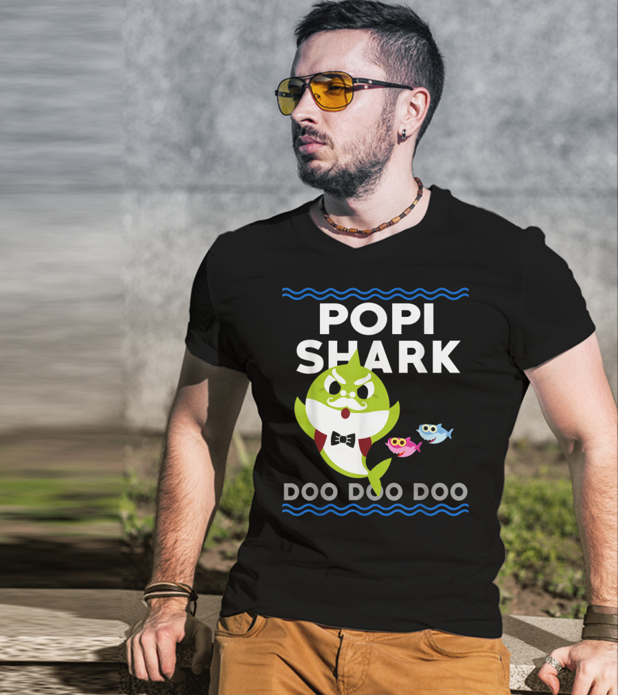 Popi Shark Doo Doo Doo Mustached Bowtie Shark With Cute Colorful Fish T-Shirt