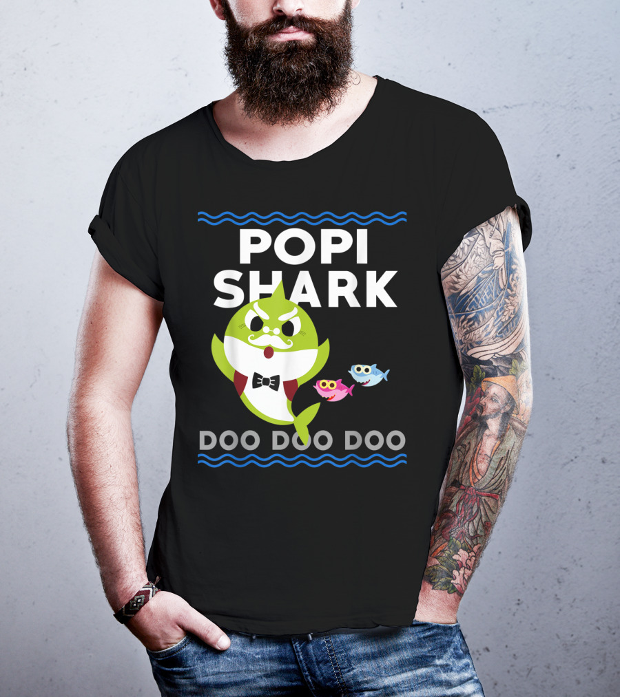Popi Shark Doo Doo Doo Mustached Bowtie Shark With Cute Colorful Fish T-Shirt