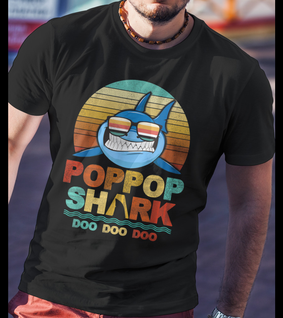 Poppop Shark Doo Doo Doo Retro Sunglasses Vintage Stripes T-Shirt