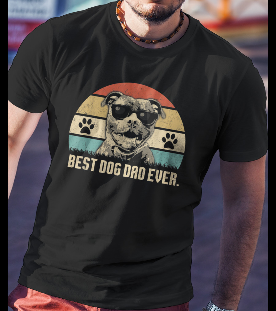 Vintage Best Dog Dad Ever Pitbull With Sunglasses And Paw Prints T-Shirt