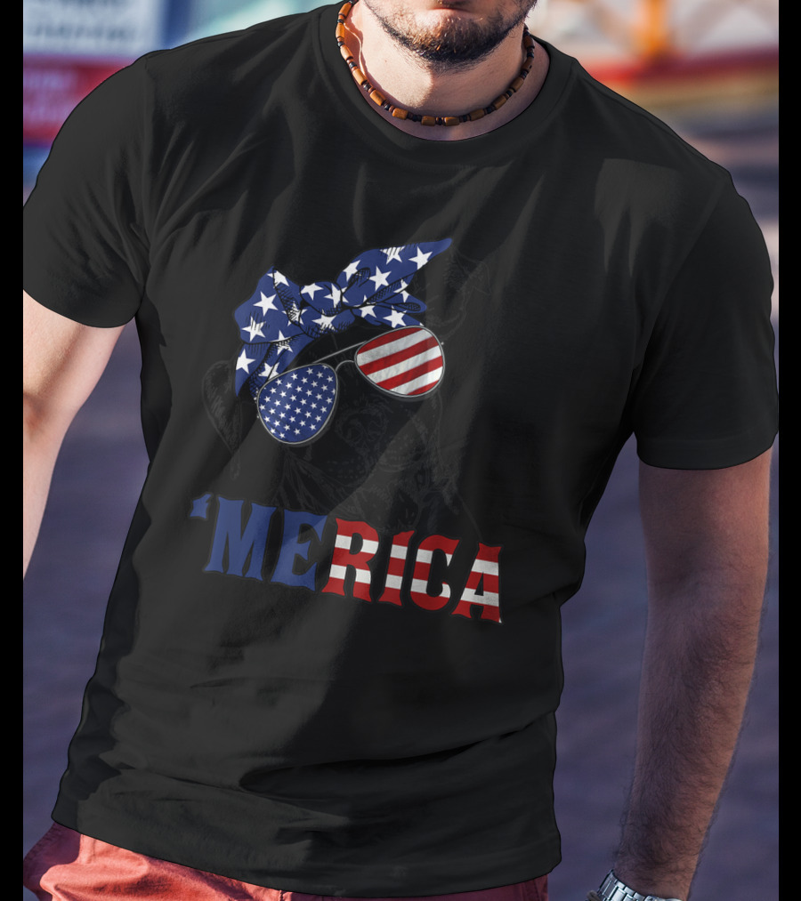 'Merica Patriotic Stars And Stripes Pitbull With USA Flag Glasses T-Shirt