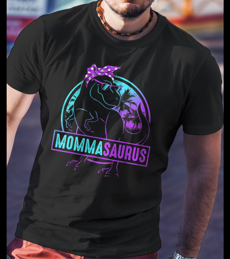 Mommasaurus Dinosaur With Bandana Sunglasses And Tropical Background T-Shirt