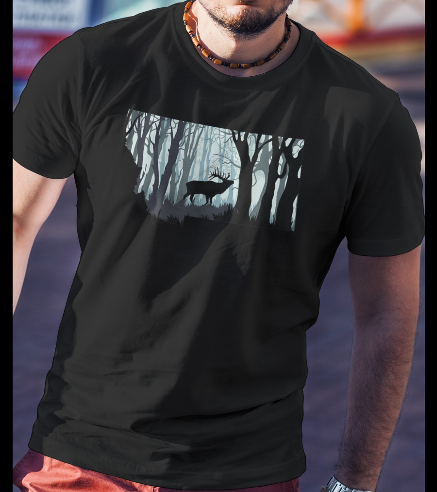 Montana Elk Hunting Silhouette In Forest T-Shirt
