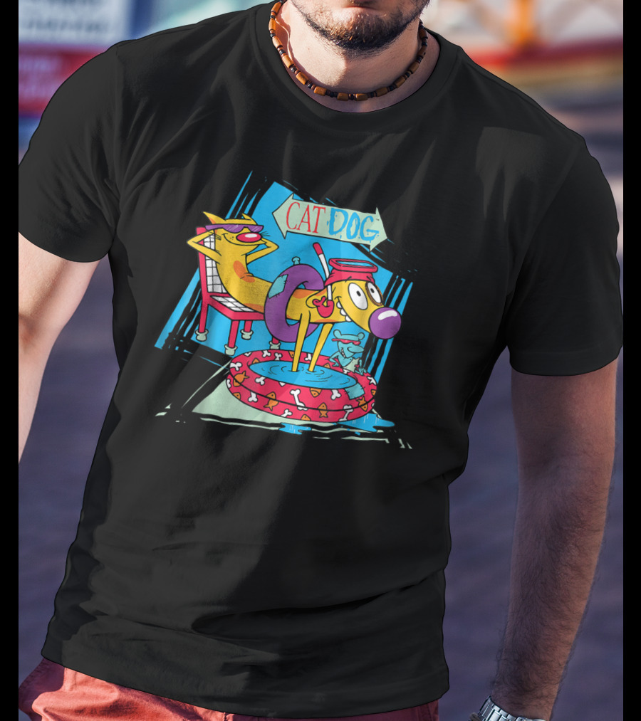 Nickelodeon CatDog Relaxing In Kiddie Pool With Inner Tube And Sign T-Shirt