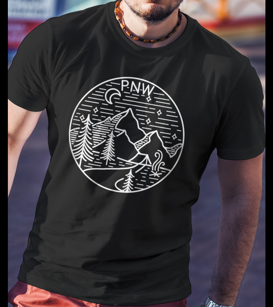 P.N.W. Pacific Northwest Outdoors Trees Mountains Night Sky T-Shirt