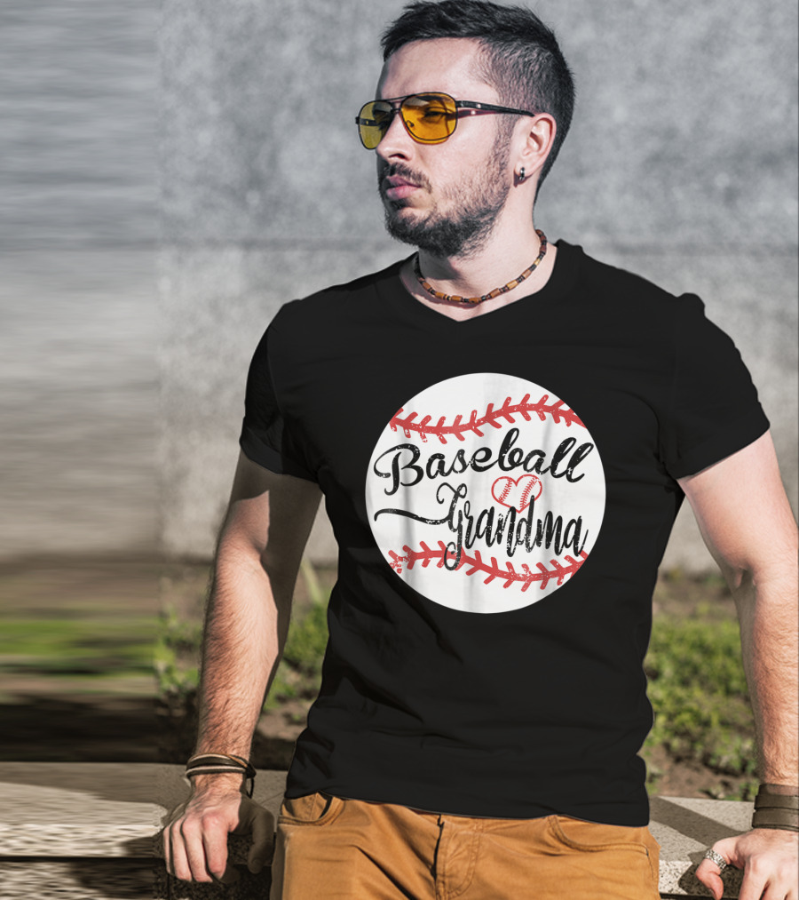 Baseball Grandma With Heart Stitching Baseball T-Shirt
