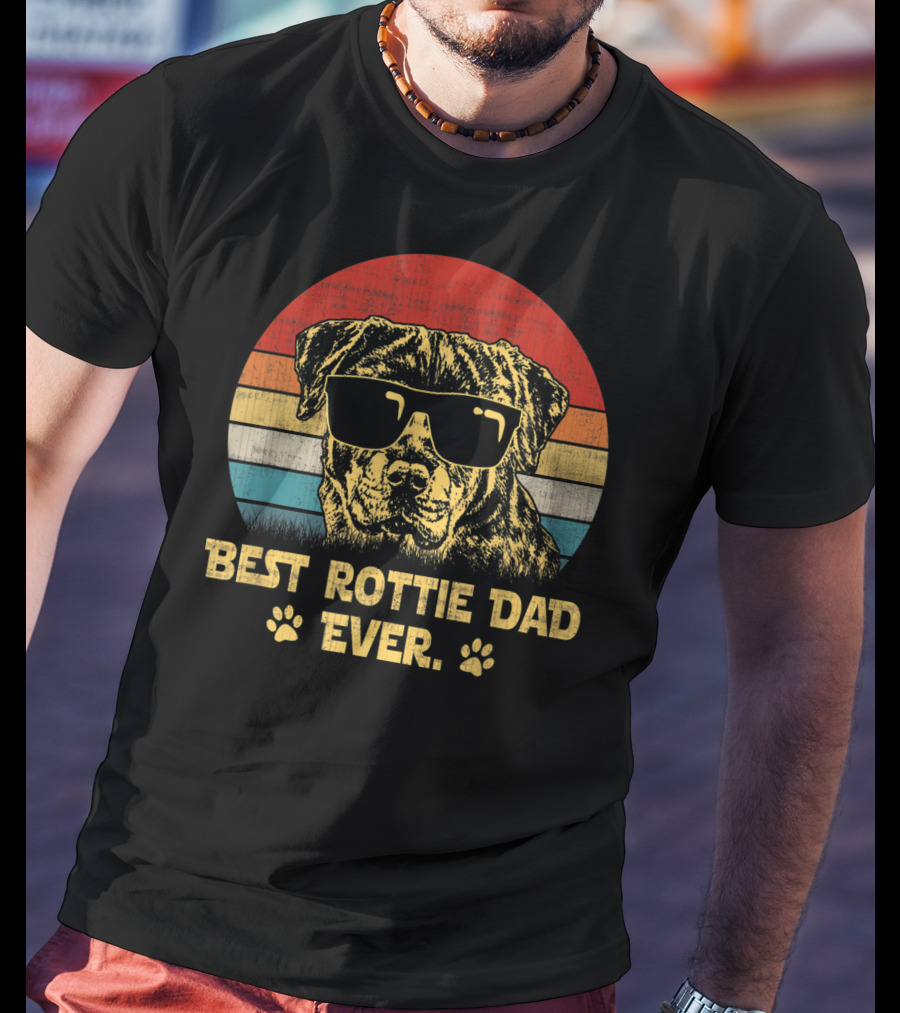Retro Vintage Best Rottie Dad Ever Sunglasses Dog With Paw Prints T-Shirt