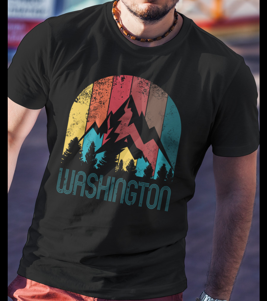 Washington Retro Mountain Landscape Forest Silhouette Vintage Multicolor Stripes T-Shirt