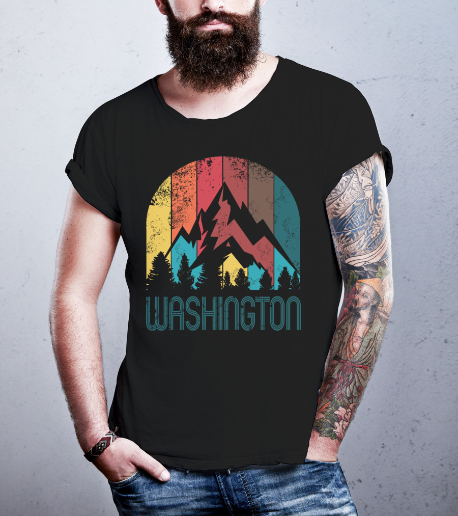 Washington Retro Mountain Landscape Forest Silhouette Vintage Multicolor Stripes T-Shirt