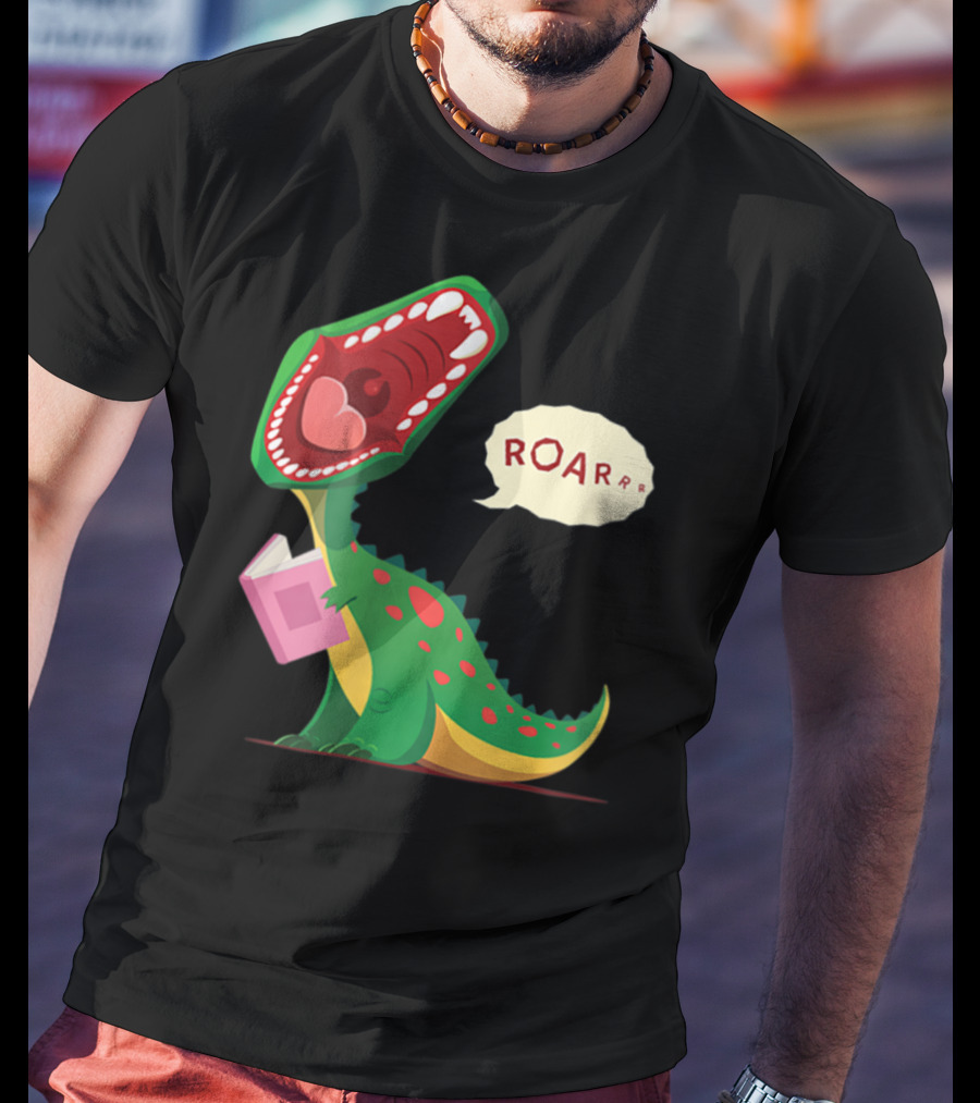 Roar Trex Dinosaur Holding Pink Book And Heart Inside Mouth T-Shirt