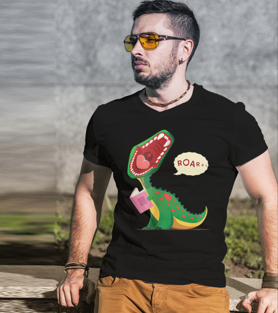 Roar Trex Dinosaur Holding Pink Book And Heart Inside Mouth T-Shirt