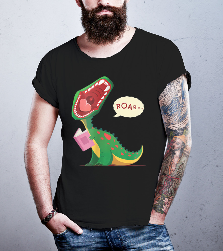 Roar Trex Dinosaur Holding Pink Book And Heart Inside Mouth T-Shirt