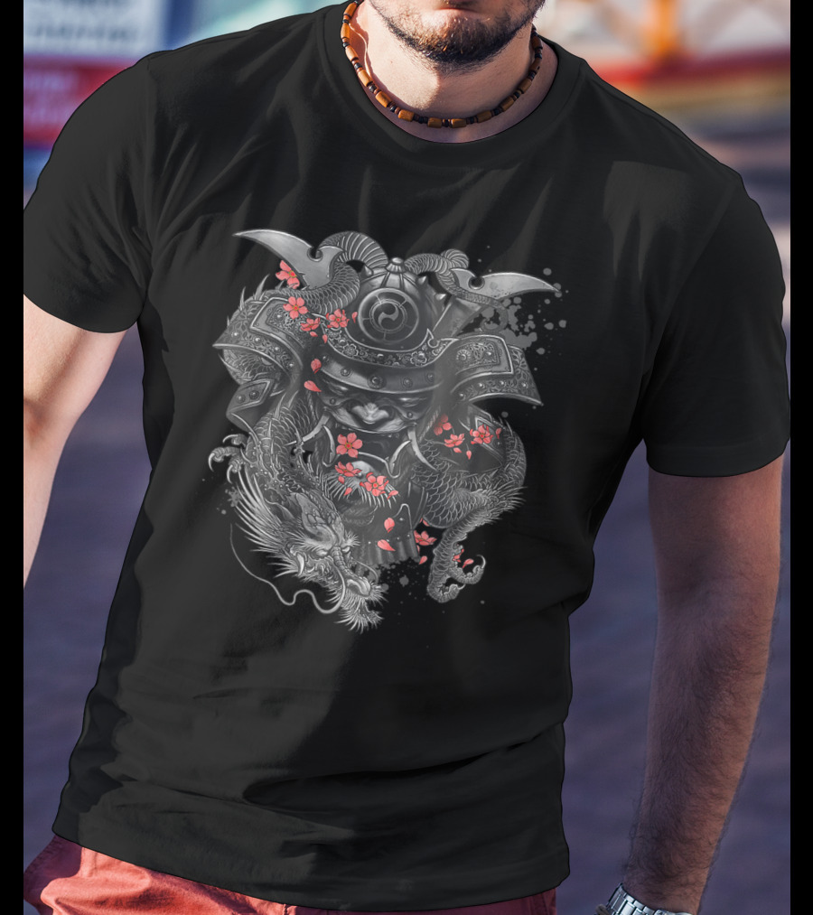 Samurai Warrior Dragon Cherry Blossoms Japanese Bushido Knight T-Shirt