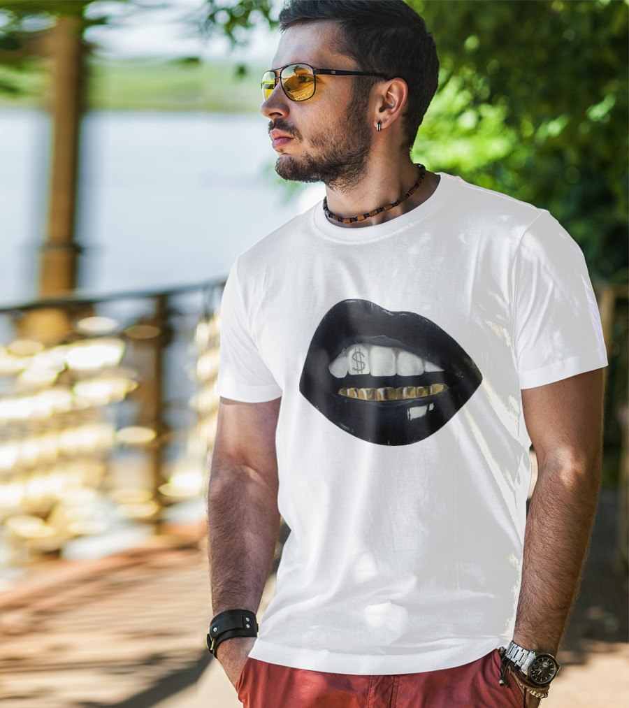 Red Black Lips Gold Teeth Dollar Smile T-Shirt
