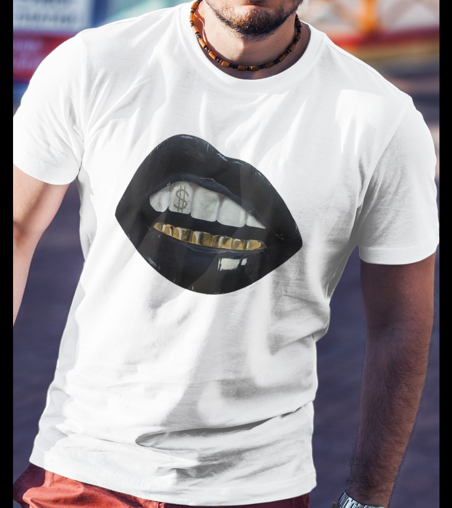 Red Black Lips Gold Teeth Dollar Smile T-Shirt