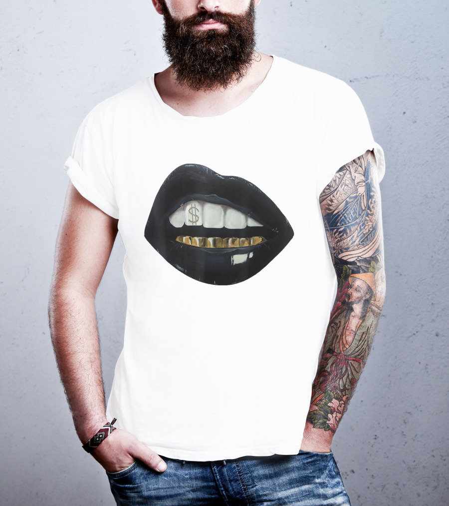 Red Black Lips Gold Teeth Dollar Smile T-Shirt