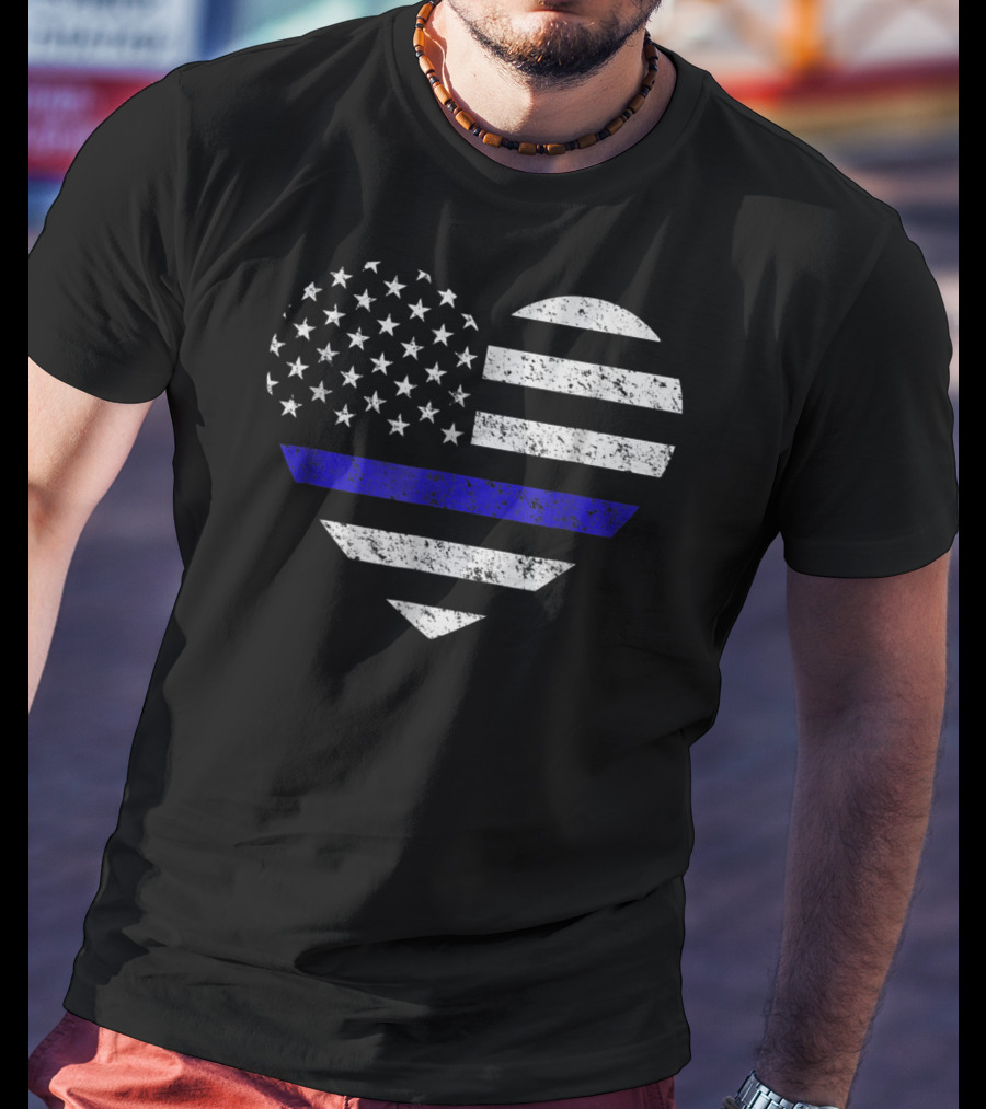 Thin Blue Line American Flag Heart Police Support T-Shirt