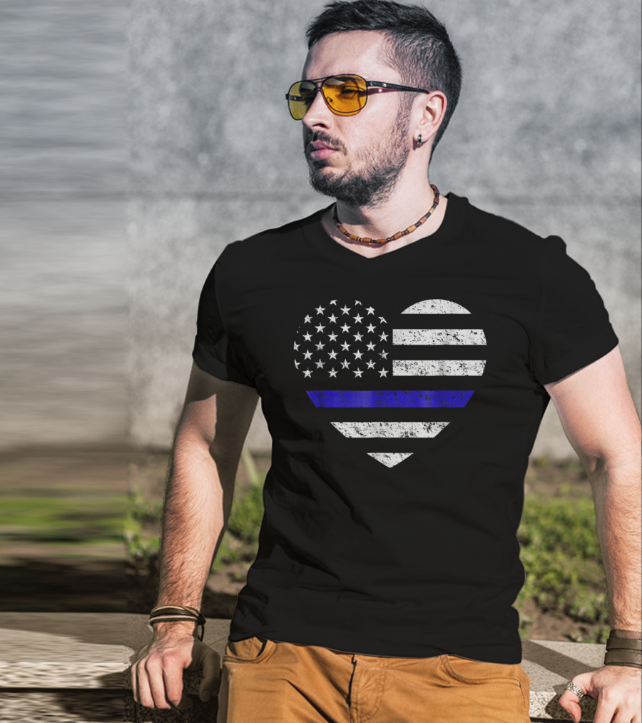 Thin Blue Line American Flag Heart Police Support T-Shirt
