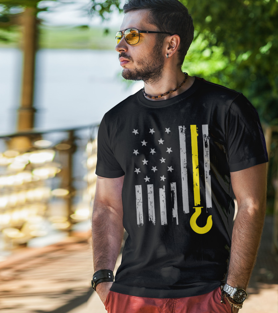 Tow Truck Driver American Flag Yellow Line Hook T-Shirt