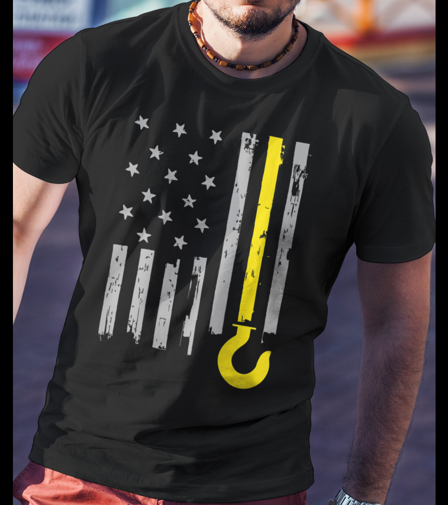 Tow Truck Driver American Flag Yellow Line Hook T-Shirt