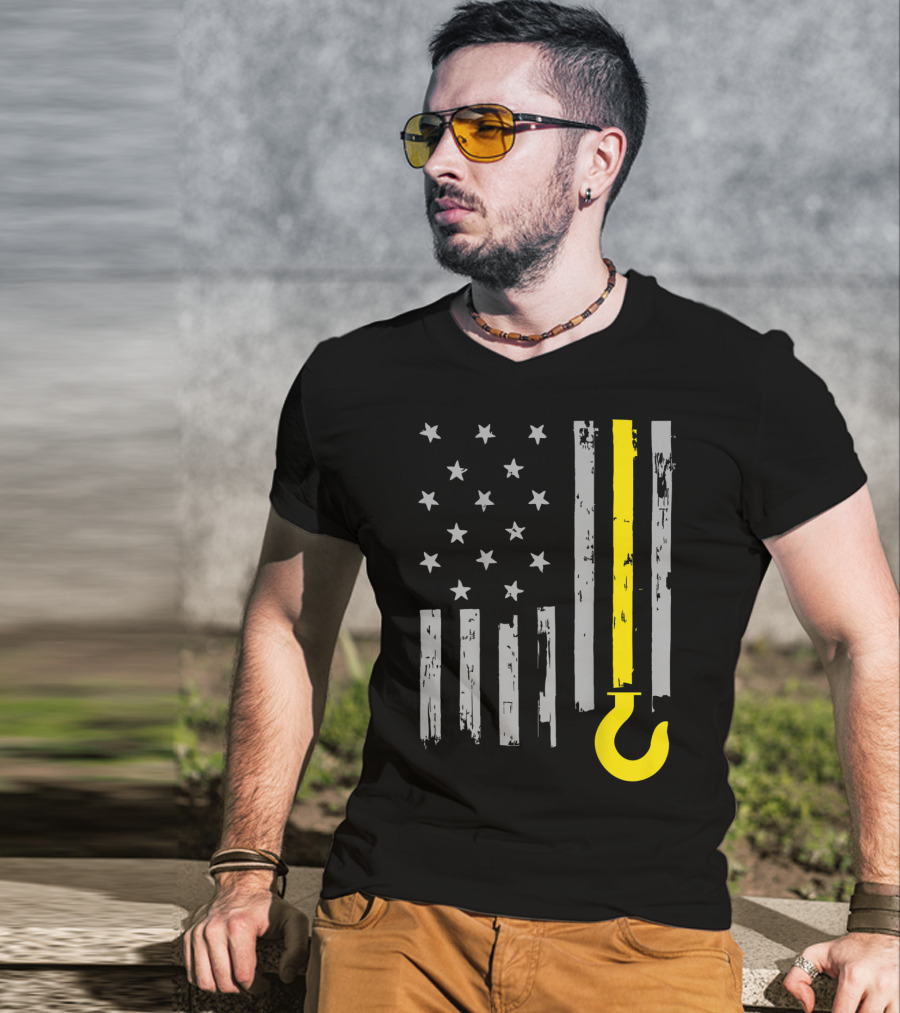 Tow Truck Driver American Flag Yellow Line Hook T-Shirt