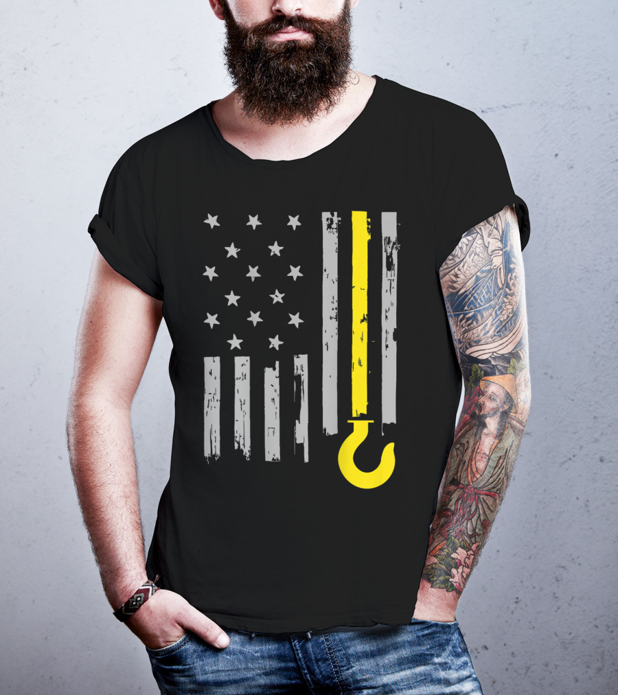 Tow Truck Driver American Flag Yellow Line Hook T-Shirt