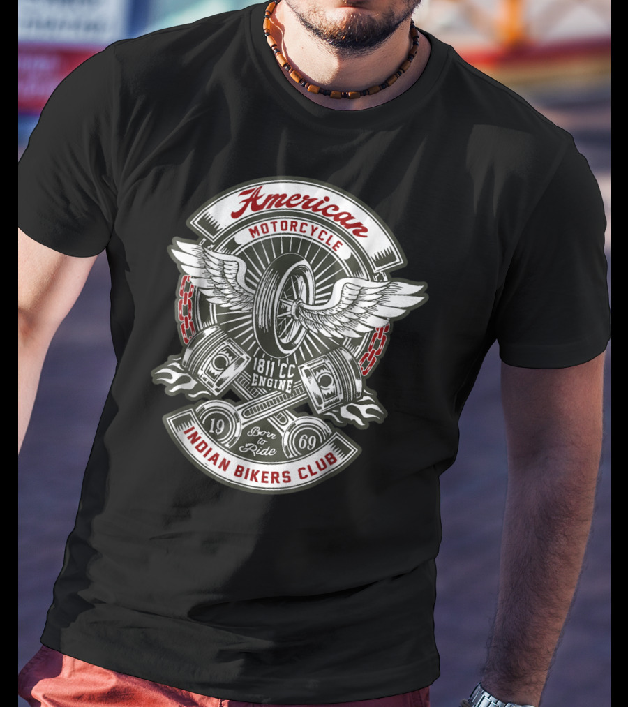 American Motorcycle Indian Bikers Club 1811 CC Engine Born To Ride 1969 T-Shirt