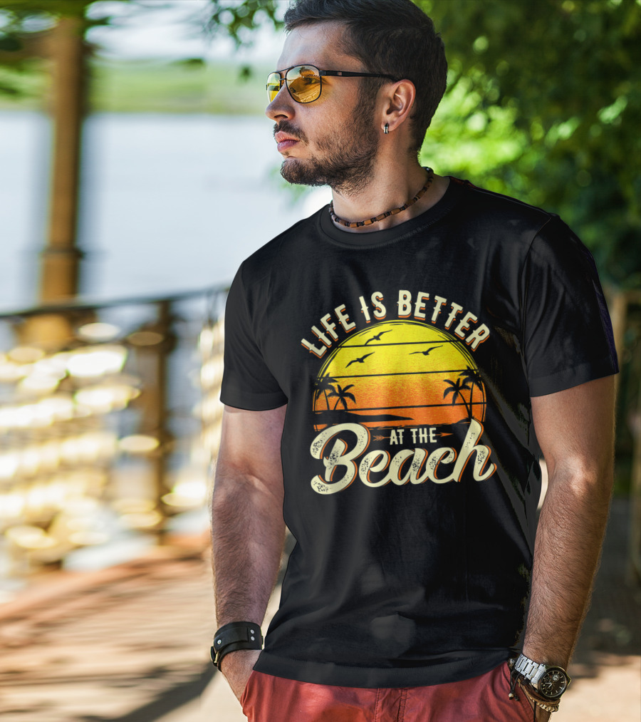 Life Is Better At The Beach Tropical Sunset With Palm Trees And Seagulls T-Shirt