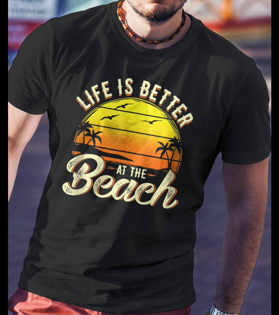 Life Is Better At The Beach Tropical Sunset With Palm Trees And Seagulls T-Shirt