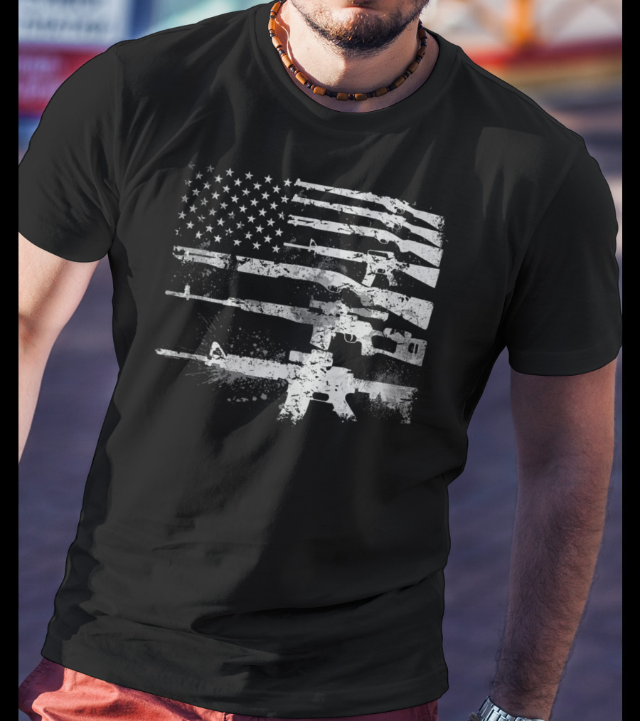 USA Flag Made Of Rifles Guns Weapons Military 2A Stripes T-Shirt