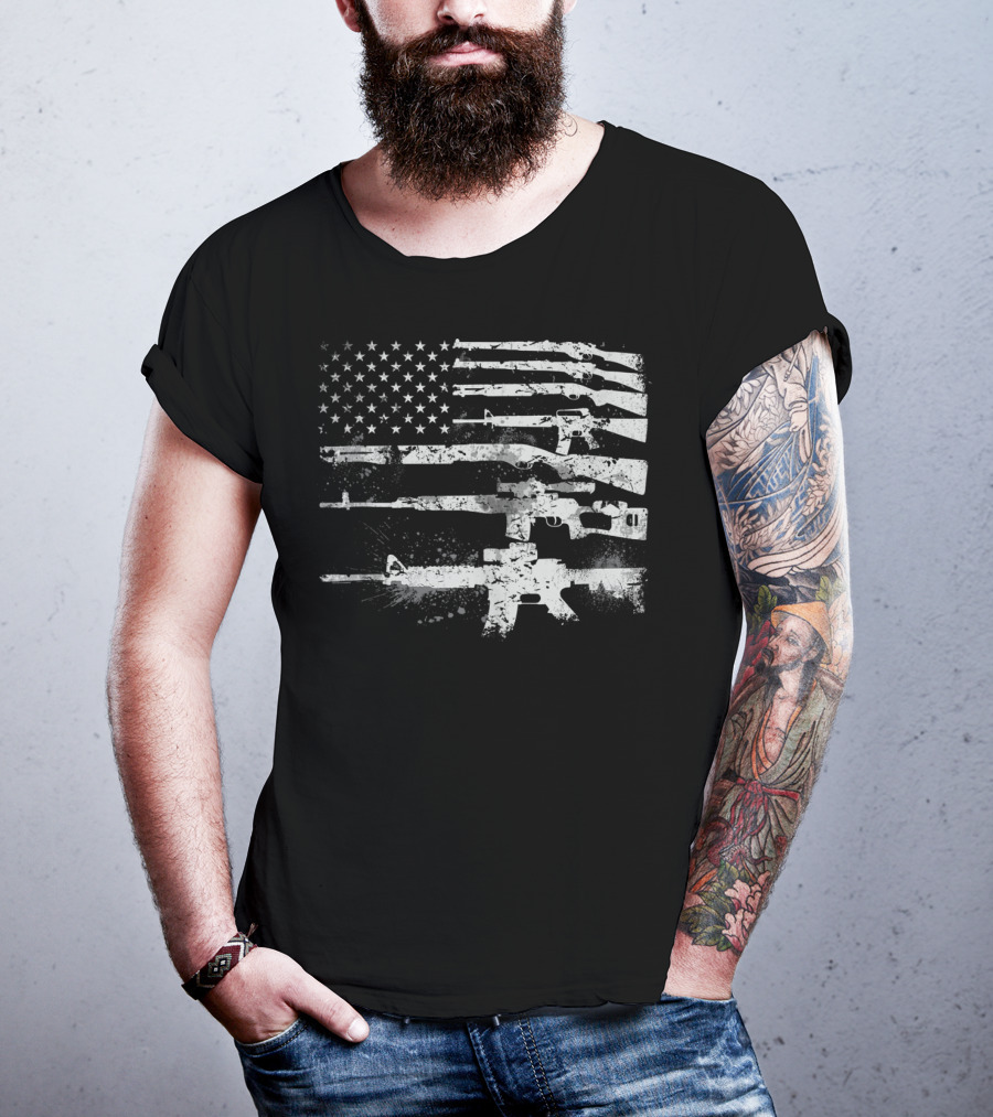 USA Flag Made Of Rifles Guns Weapons Military 2A Stripes T-Shirt