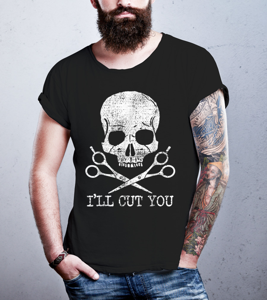 Vintage Barber Hairdresser Hair Sty I'll Cut You Skull With Scissors T-Shirt