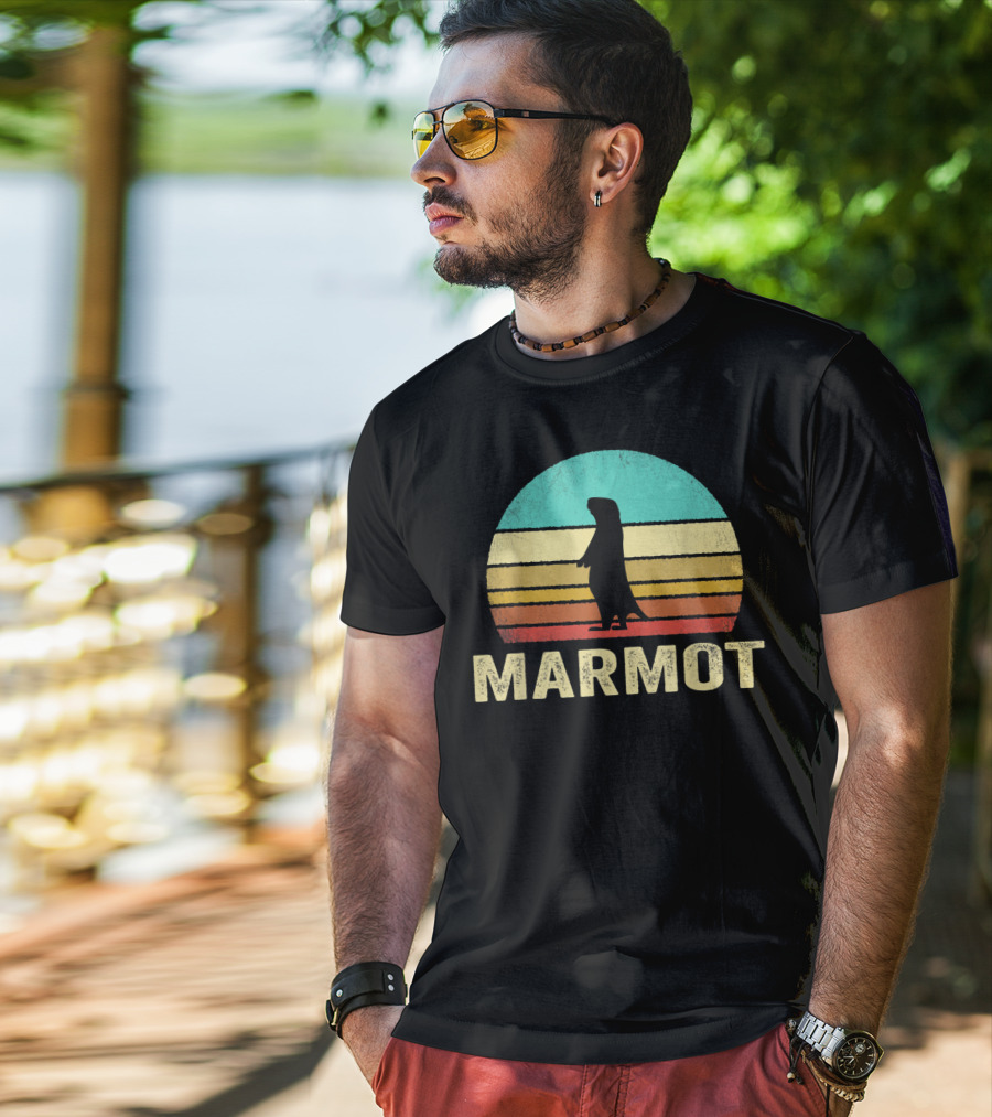 Retro Marmot Silhouette Sunset Stripes T-Shirt