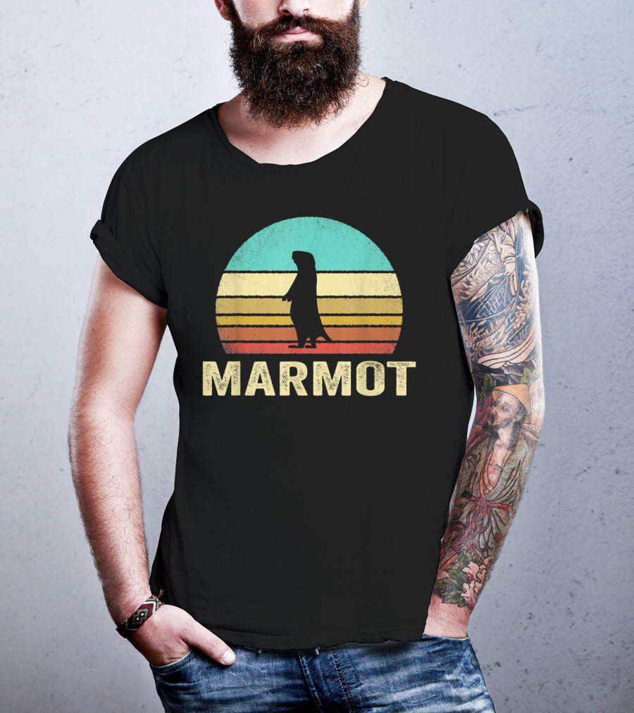 Retro Marmot Silhouette Sunset Stripes T-Shirt