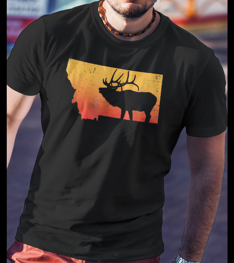 Montana Elk Silhouette Vintage Outdoors Sunset Scene T-Shirt