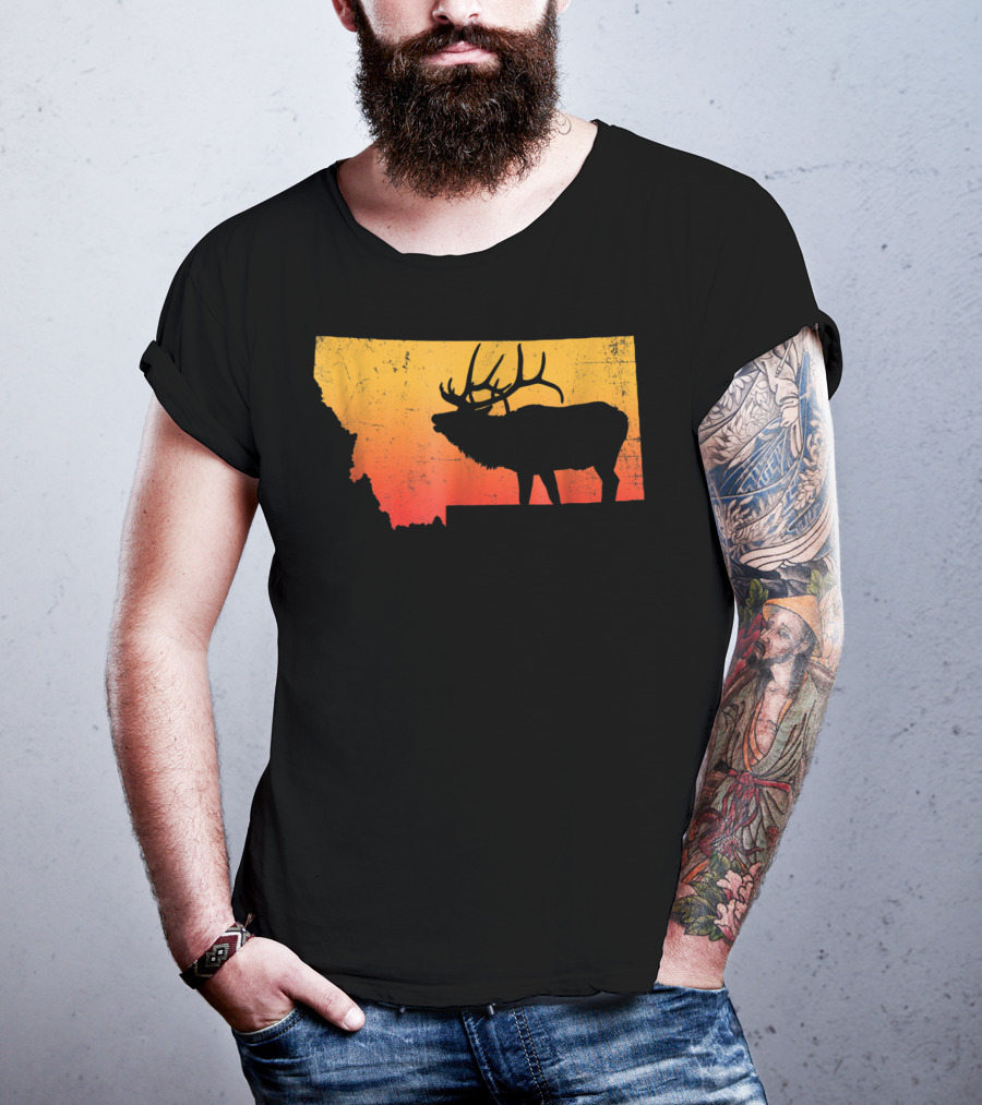 Montana Elk Silhouette Vintage Outdoors Sunset Scene T-Shirt
