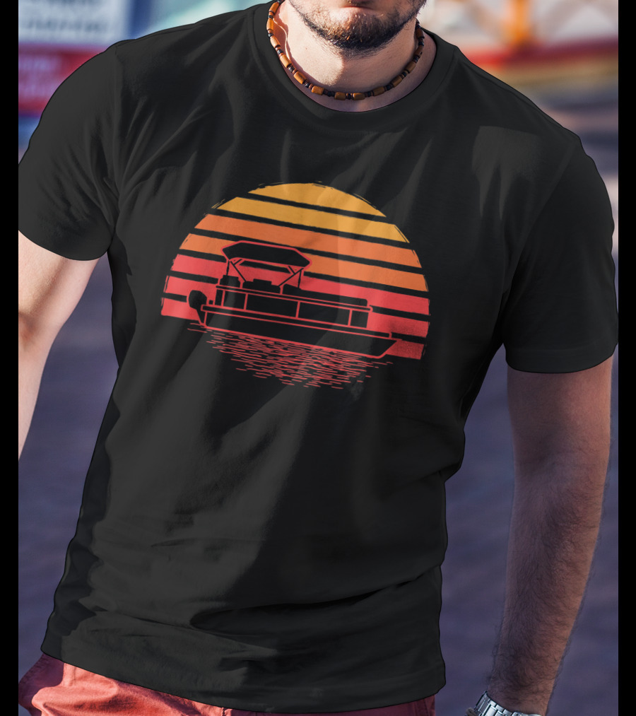 Vintage Pontoon Boat Silhouette Sunset Retro Vibes T-Shirt