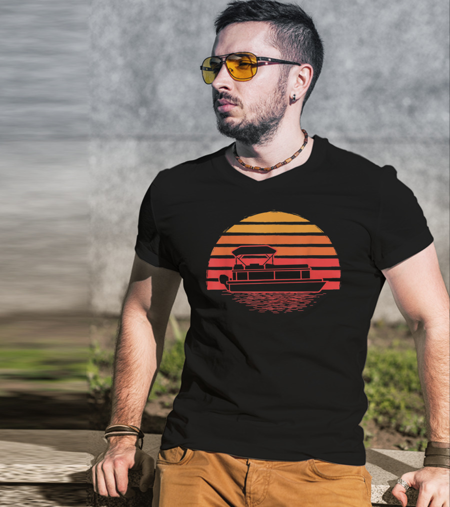 Vintage Pontoon Boat Silhouette Sunset Retro Vibes T-Shirt